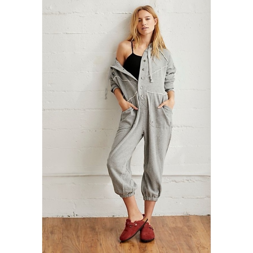 Free People FP Movement Current Mood Onesie Grey Distressed Lounge Sweatsuit